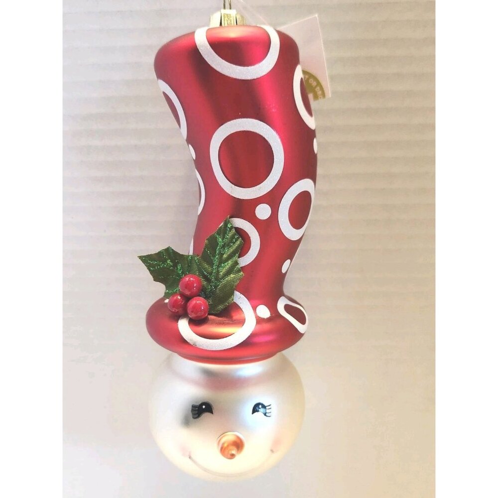 Gerson Glass Ornament Tall Hat  Snowman W/holly Berry Glass Handpainted Ornament
